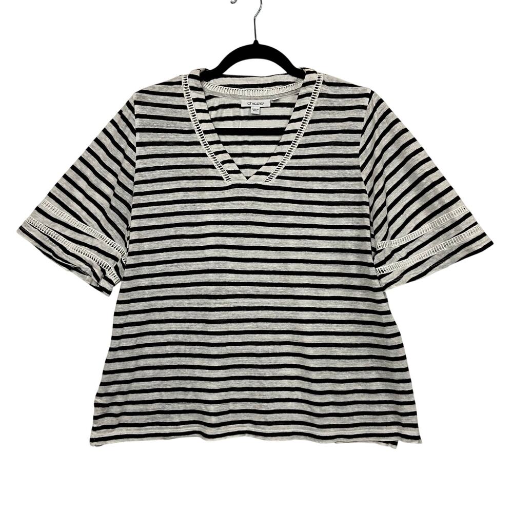 Chico’s Black White 100% Linen Stripe Ladder Lace Tee Top Size Medium